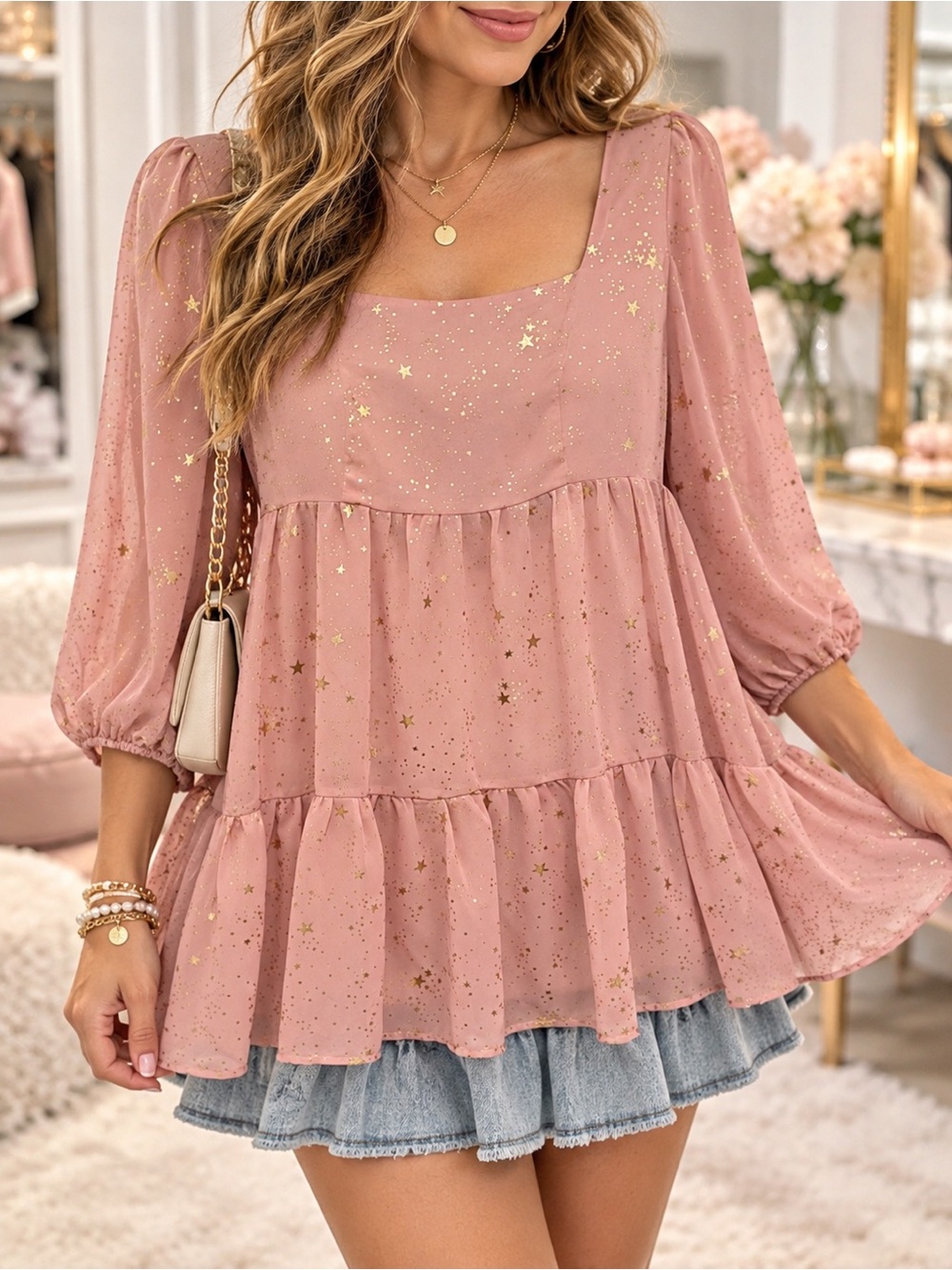 EUC SHEIN Curve Dusty Pink w Gold Stars Women's Whimsical Top Blouse | 0X